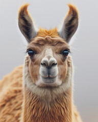 Fototapeta premium Brown furry alpaca with distinctive ears and soft fur, outdoor wildlife portrait in natural habitat