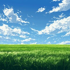 Obraz premium Anime Background of a Green Field Under a Day Sky with Clouds
