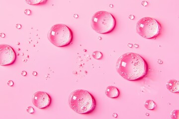 Circular droplets of clear gel serum on a pink backdrop
