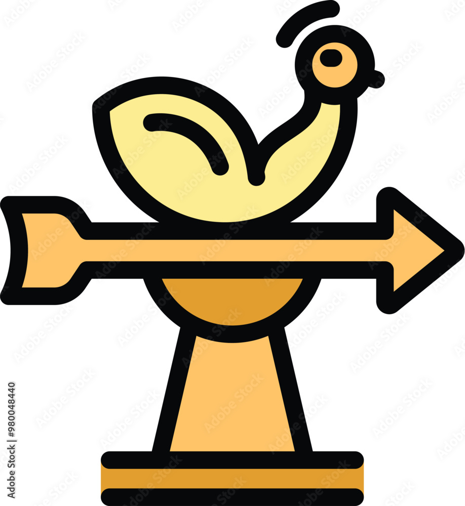 Poster golden weather vane with a bird sitting on a rotating arrow, a simple icon representing wind directi