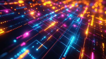 Obraz premium Dynamic abstract technology background with bright neon blue, orange, pink, and yellow lights, creating a glowing futuristic grid on a dark canvas