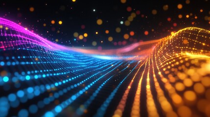 Dynamic abstract technology background with bright neon blue, orange, pink, and yellow lights, creating a glowing futuristic grid on a dark canvas