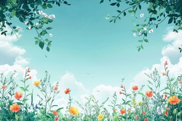A Watercolor Painting of Flowers and Branches Against a Blue Sky with White Clouds