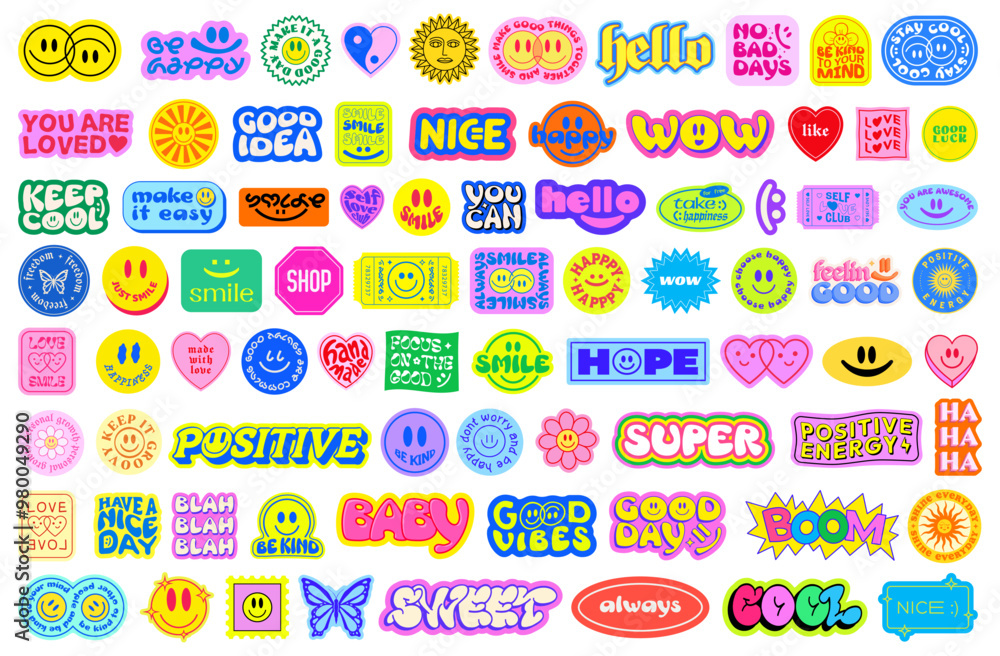 Poster cool y2k stickers vector elements set. collection of funny pop art patches. groovy graphics. cute 20