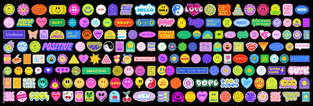 Poster Cool Y2k Stickers Vector Elements Set. Collection Of Funny Pop Art Patches. Groovy Graphics. Cute 2000s Badges.