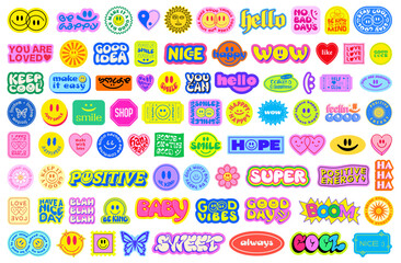 Cool Y2k Stickers Vector Elements Set. Collection Of Funny Pop Art Patches. Groovy Graphics. Cute 2000s Badges.