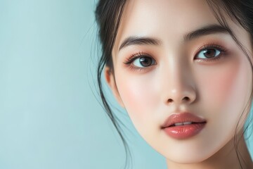 Fototapeta premium Close up of a young Asian woman showcasing K beauty makeup and flawless skin against a light blue backdrop for a skincare advertisement