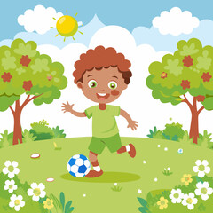 Cute boy in park with soccer ball stock illustration