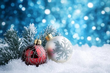 Abstract Christmas Baubles On Snow With Fir Branches