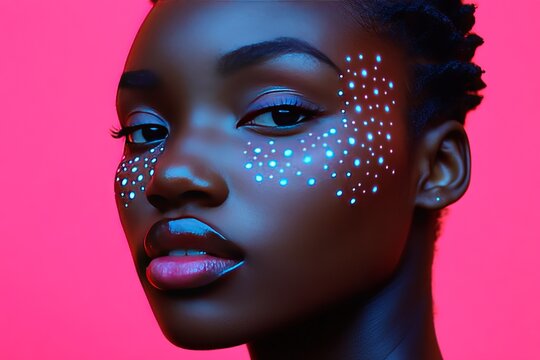Womans face covered in bioluminescent dots radiating futuristic beauty and blending nature with technological precision in a visually striking high contrast digital composition