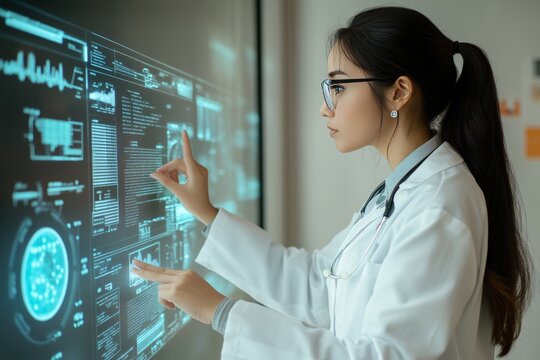 Female Doctor Analyzing Patient Data On Futuristic 3D Medical Interface In Hospital Setting.