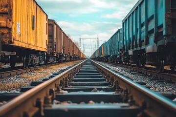 Obraz premium Close up of vintage freight cars on tracks in a sunny railway setting
