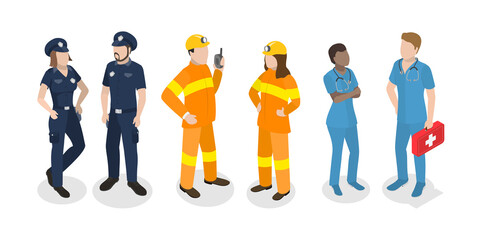 3D Isometric Flat  Illustration of Emergency Services, Paramedic, Firefighter and Policeman