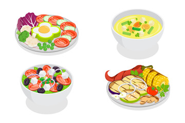 3D Isometric Flat  Set of Vegetarian Dishes, Fresh, Natural and Healthy Food