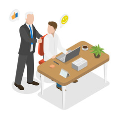 3D Isometric Flat  Illustration of Happy Employer, Employee Recognition