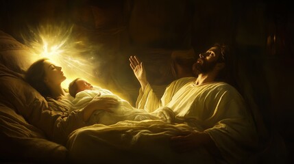 A glowing angel appears to Saint Joseph in his dream, warning him of danger. Joseph, lying next toMary and baby Jesus.