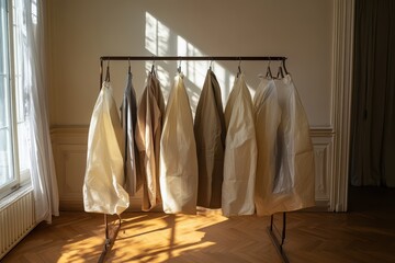 Clothes on hangers in garment bags within a room