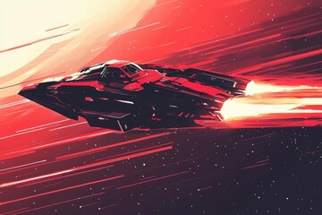 Red and Black Spaceship Flying Through a Red and White Starfield