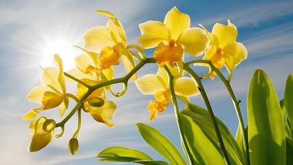 Fototapeta premium Bright yellow orchid growing on stem in bright sunlight