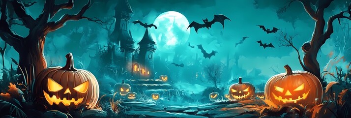 Halloween Website Banner With Haunted House, Jack O Lanterns, Bats, Trees, and Full Moon