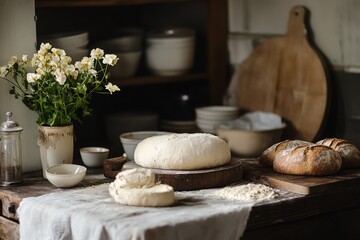 A photo capturing an artisanal bread baking setup in the kitchen, showcasing dough, sourdough starter, and rustic bread loaves 