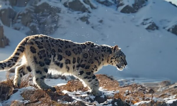 Agile snow leopard traversing the rugged terrain of the Himalayas, Video