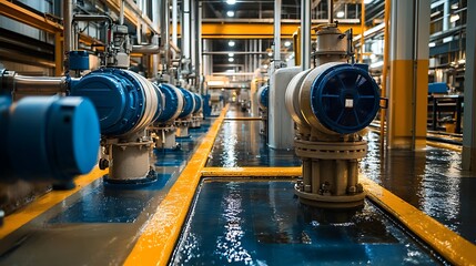 Industrial water pumps distributing purified water across different sections of the factory.
