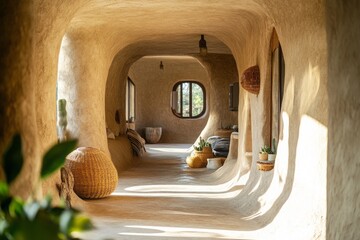 detailed shots of interior of a modern and artistic mud house, sustainable, eco-friendly, harmony between nature and modern technology,