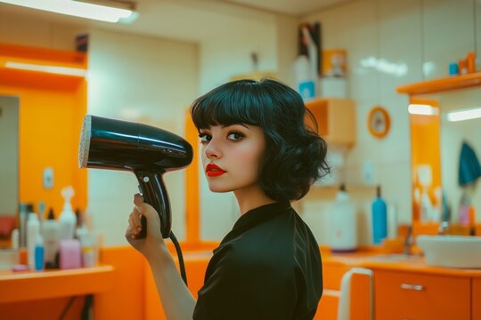 Nostalgic shots of a hair stylist using a vintage hair dryer, combining retro aesthetics with modern styling techniques,