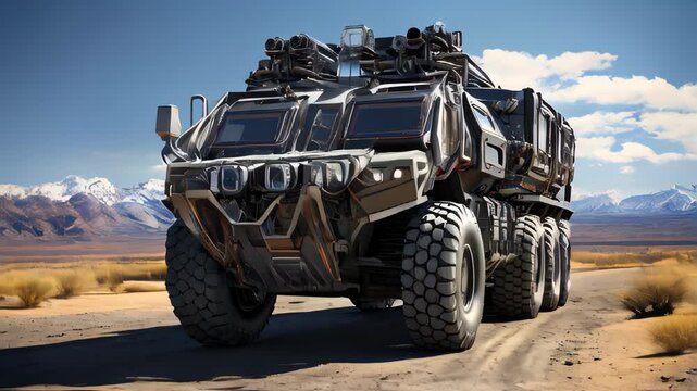 Military heavy armored armed SUV infantry fighting vehicle in battle on the battlefield in the war
