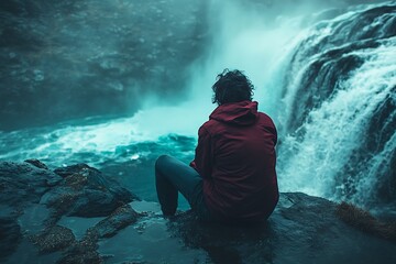 Obraz premium Man sitting alone by powerful waterfall, contemplation and peace in nature
