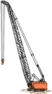 Orange crawler construction crane with a straight lattice boom, ink drawing with coloring
