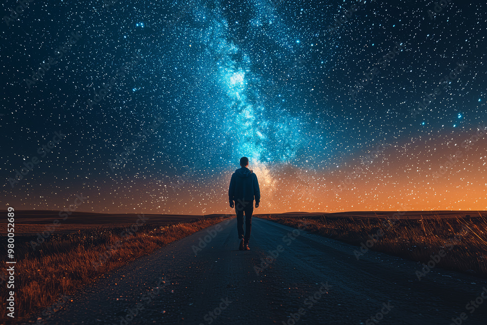 Poster an introspective image of a person walking along a deserted road under a starlit sky, symbolizing th
