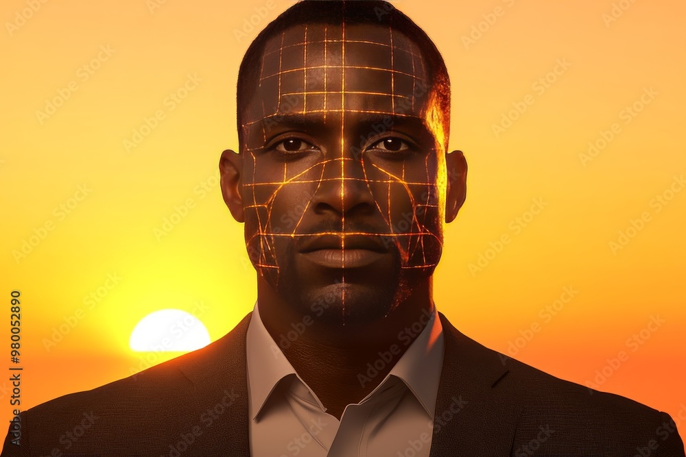 Poster mans face with glowing digital grid overlay set against a sunset symbolizing the integration of tech