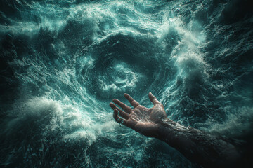 Fototapeta premium An image of a hand reaching out from a dark, chaotic storm into a calm, clear sky, representing hope and resilience amidst turmoil.