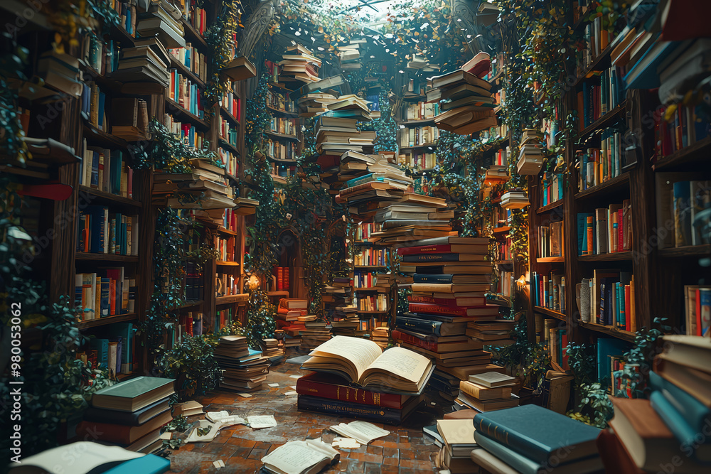 Poster a whimsical library where books float mid-air and pages turn by themselves, representing the magic o