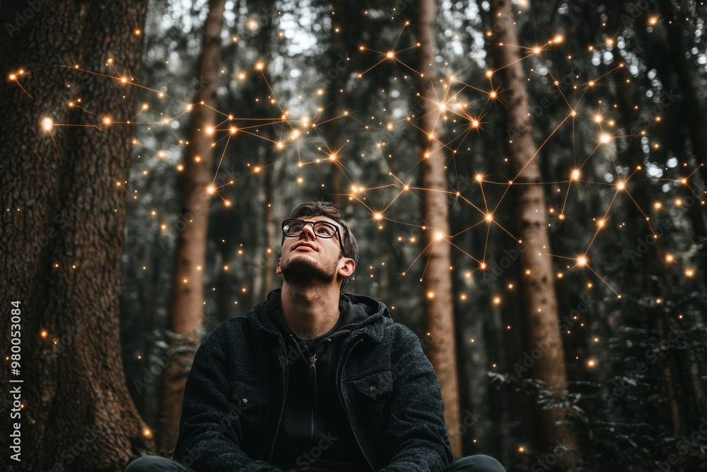 Poster man sitting in a forest surrounded by glowing particles symbolizing reflection peace and the connect