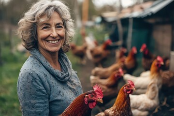 Content middle aged woman tending to chickens on her private farm supporting sustainable poultry practices