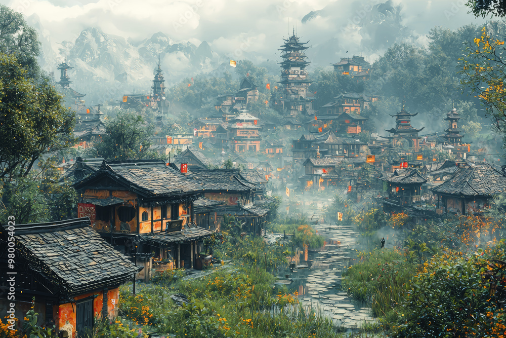 Poster a serene village scene gradually blending into a chaotic, futuristic cityscape, illustrating the evo