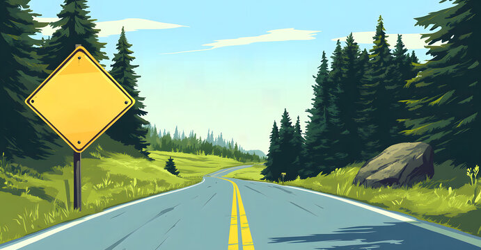 A falling stone blocks the highway with a warning sign design