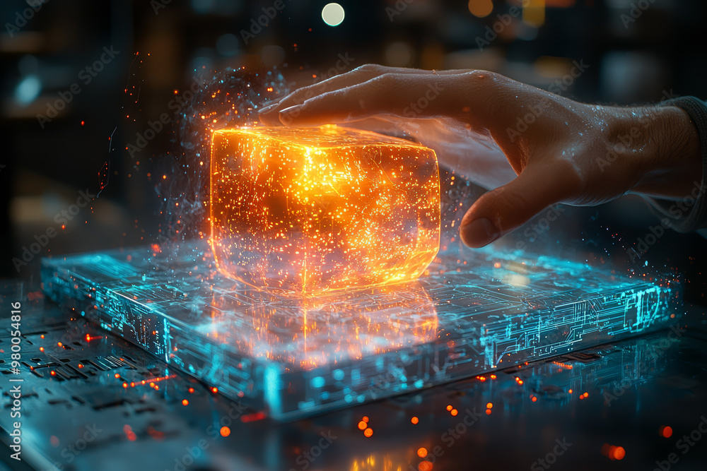 Poster a person using a holographic interface to sculpt a 3d object in mid-air, symbolizing innovation and 