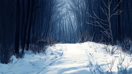 Naklejka premium Snowy Road Through a Dark Winter Forest