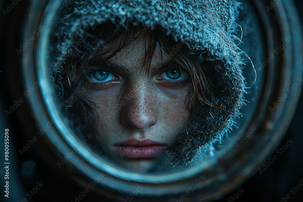 Poster a person looking into an antique mirror, with the reflection showing a younger or older version of t