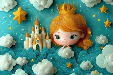 Fototapeta premium A Little Princess Dreams of a Castle in the Clouds
