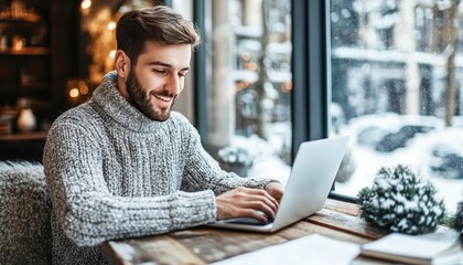 Millennial man working on laptop in cozy cafe, winter snowy day scene outside the window.
