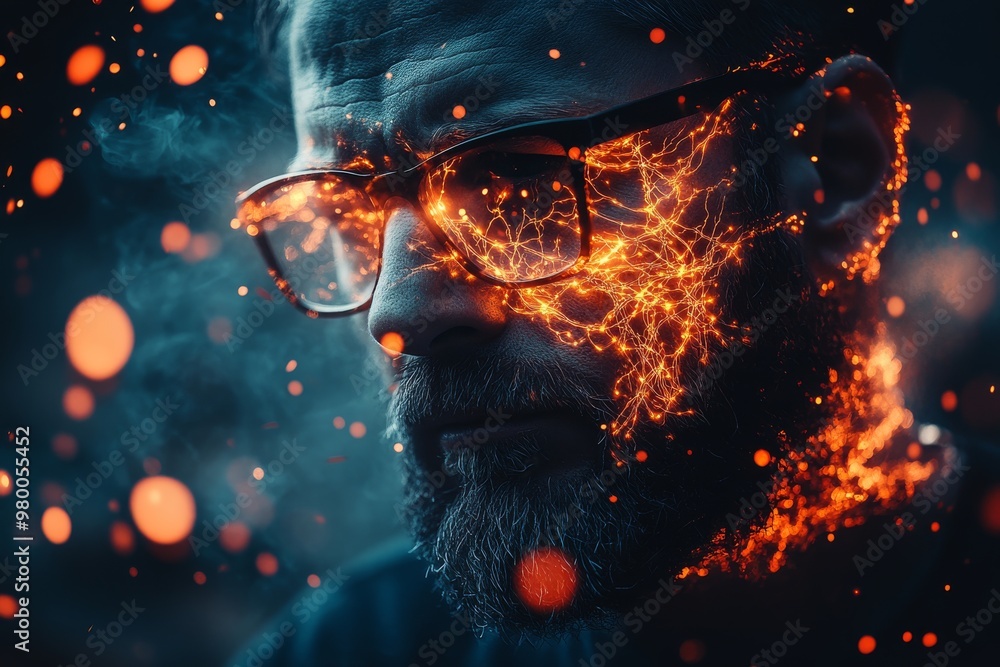 Poster man wearing glasses overlaid with glowing neural patterns representing intellectual strength technol