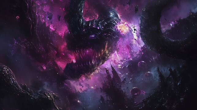 Frightening fantasy monster with glowing purple eyes and teeth