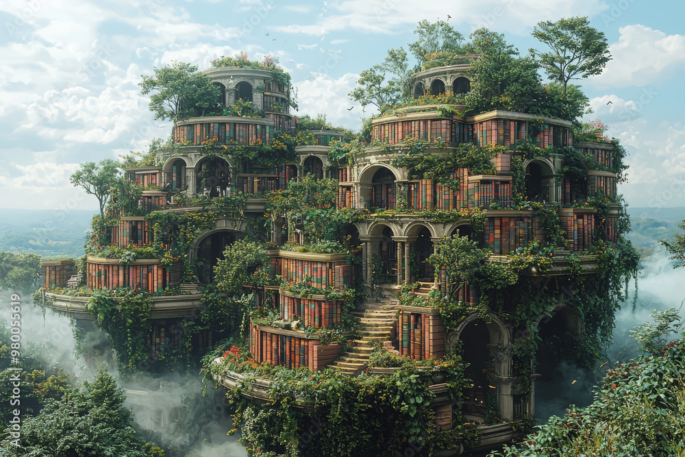 Poster a library where books slowly morph into floating islands, representing the limitless possibilities o