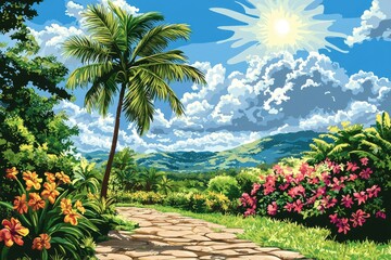Fototapeta premium A Stone Path Leading Through a Lush Tropical Forest Under a Sunny Sky