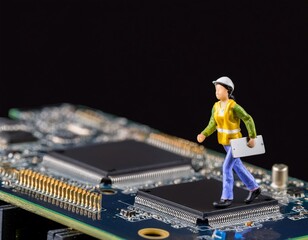 A conceptual image featuring miniature worker figures inspecting a fault on a computer mainboard. generative ai